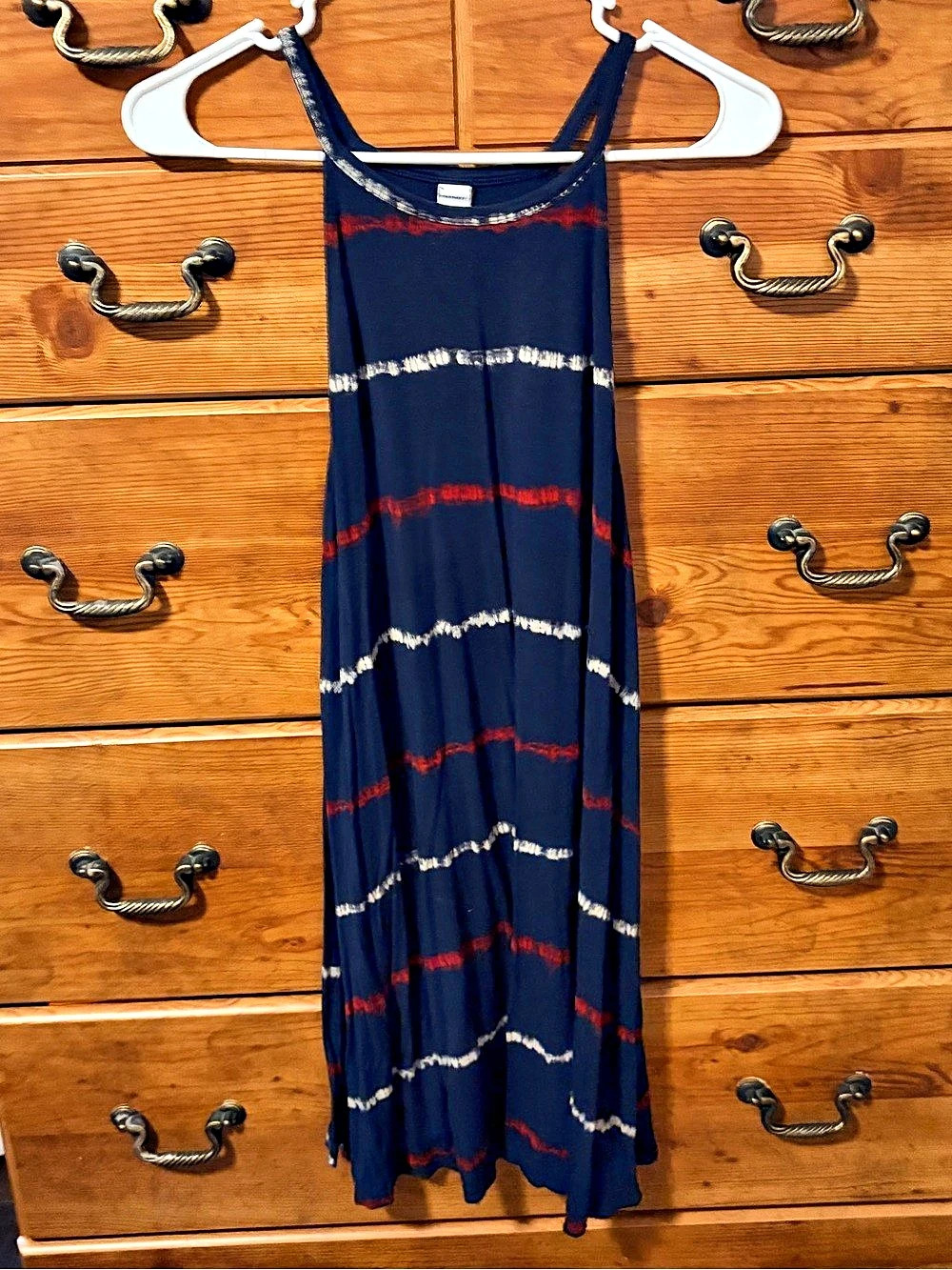 Old Navy High-Neck Swing Tank Dress Maxi in red, shite, blue